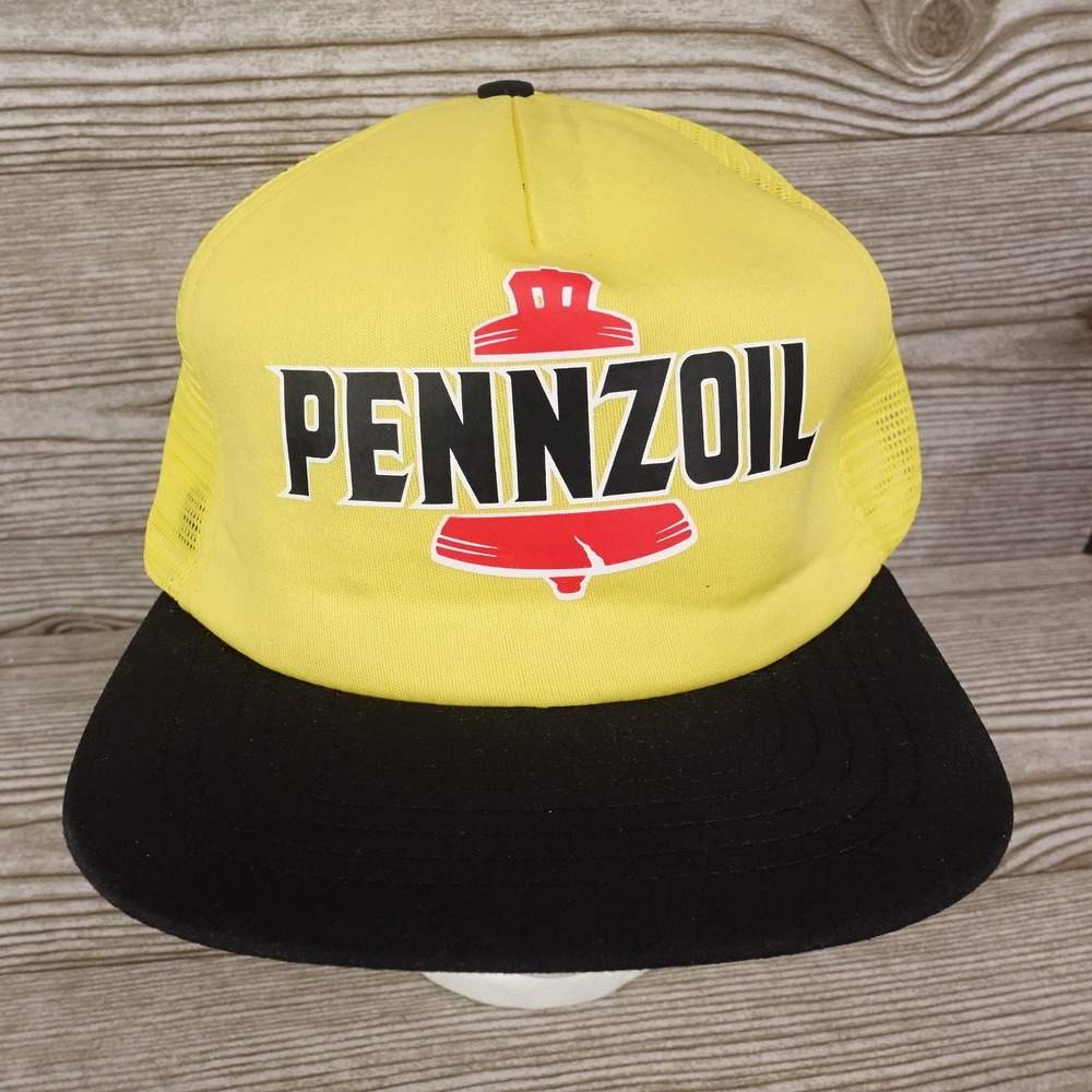VINTAGE PENNZOIL OIL LOGO RACING YELLOW BLACK VENTED TRUCKER SNAPBACK HAT USA